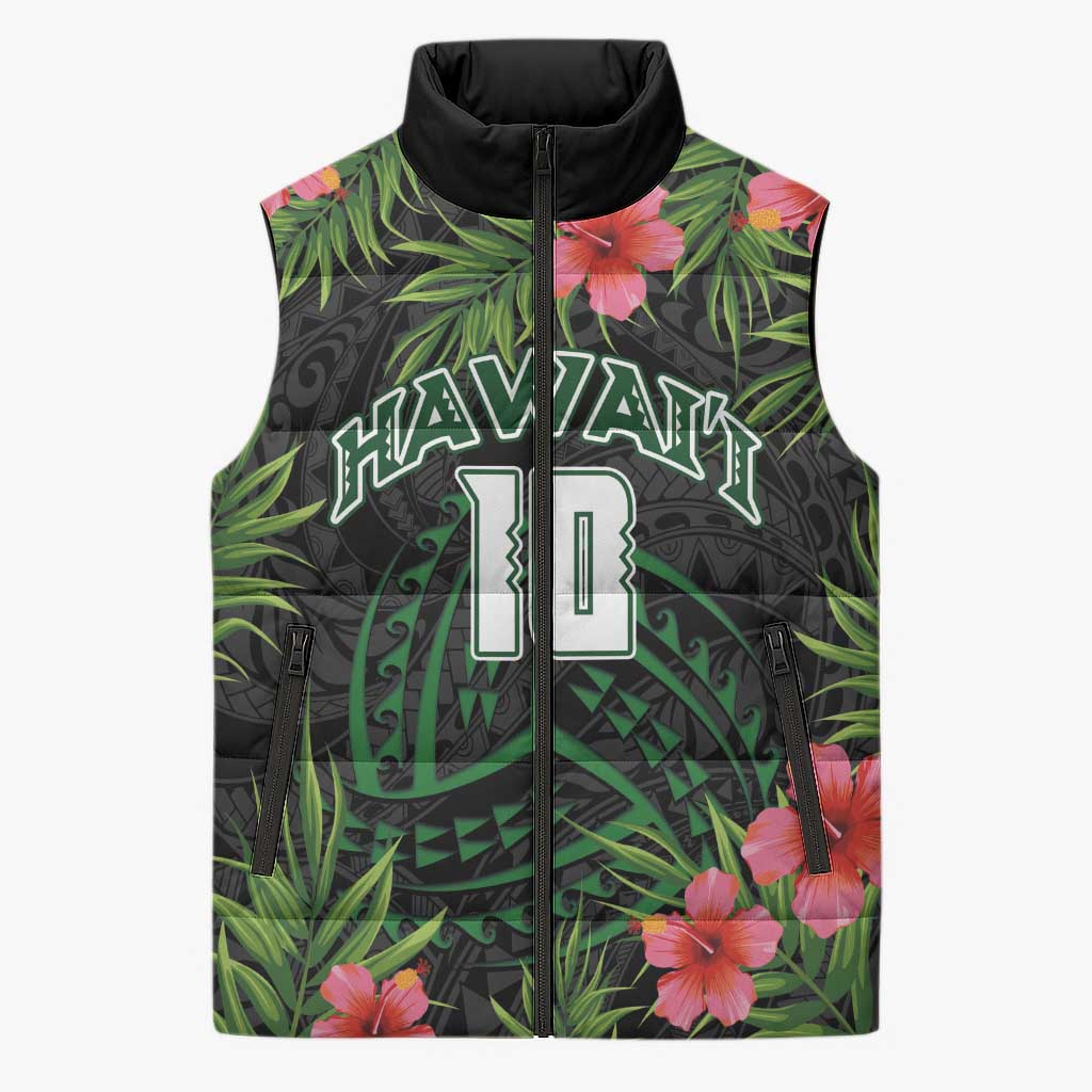 Custom Hawaii Volleyball Sleeveless Puffer Jacket Kakau Abstract and Tropical Plants Black Color - Polynesian Pride