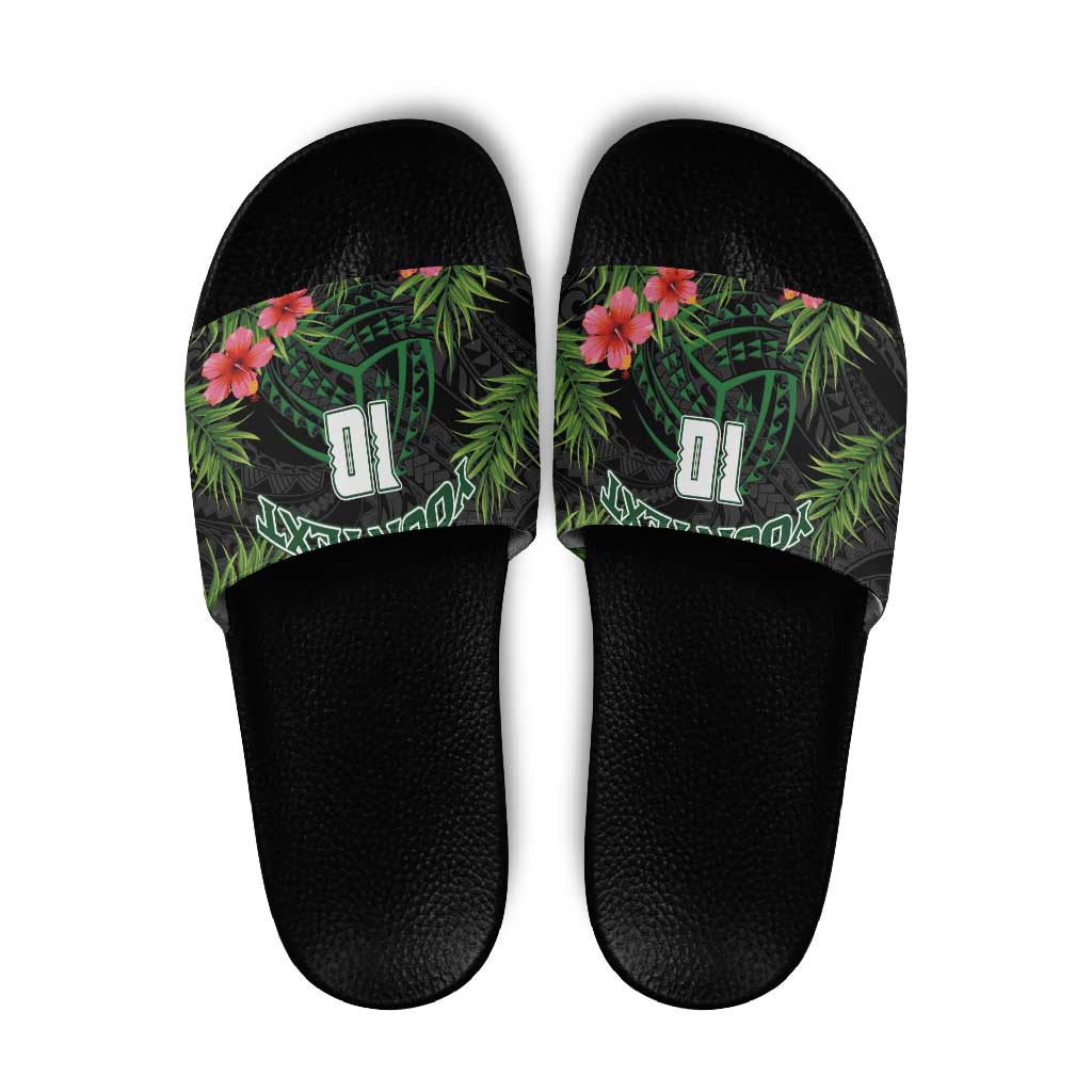 Custom Hawaii Volleyball Slide Sandals Kakau Abstract and Tropical Plants Black Color LT03 Black - Polynesian Pride