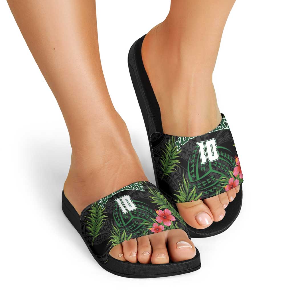 Custom Hawaii Volleyball Slide Sandals Kakau Abstract and Tropical Plants Black Color LT03 - Polynesian Pride