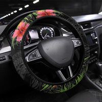 Hawaii Volleyball Steering Wheel Cover Kakau Abstract and Tropical Plants Black Color - Polynesian Pride