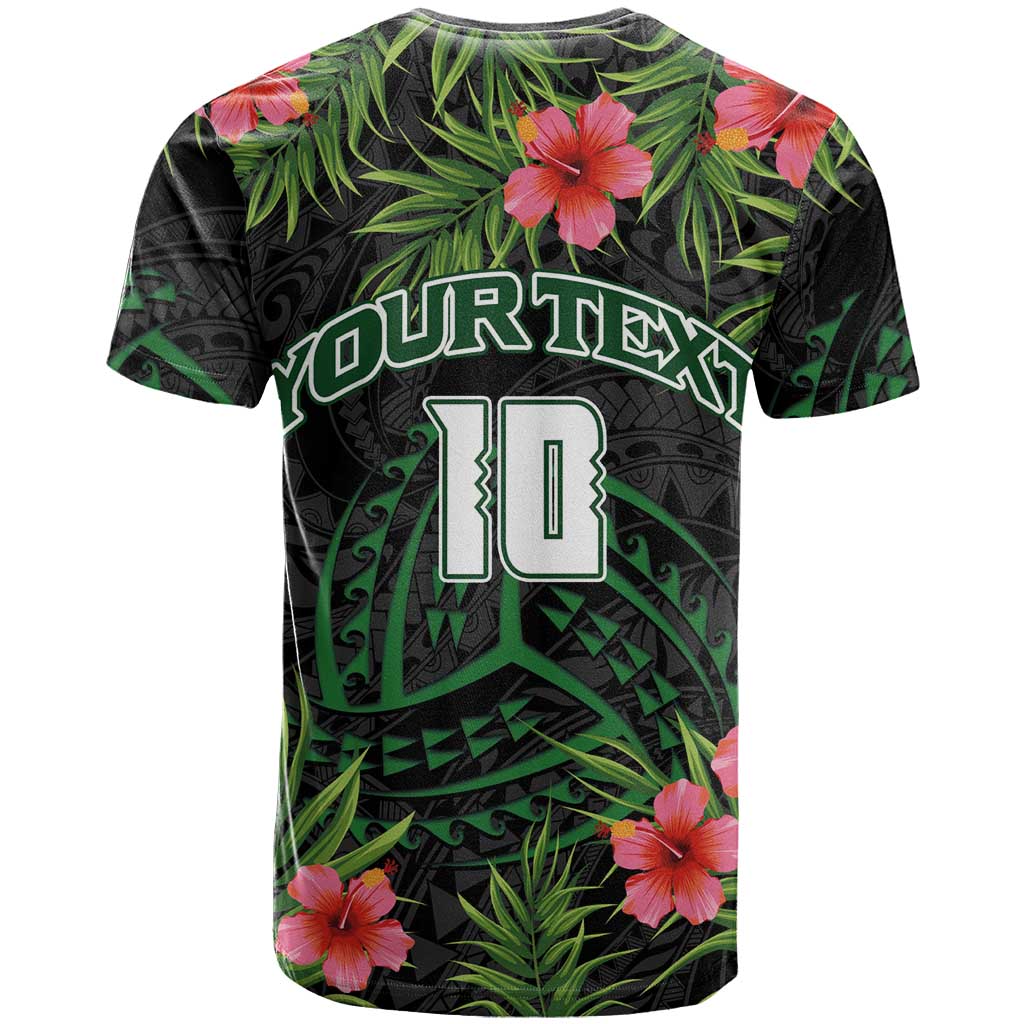 Custom Hawaii Volleyball T Shirt Kakau Abstract and Tropical Plants Black Color - Polynesian Pride