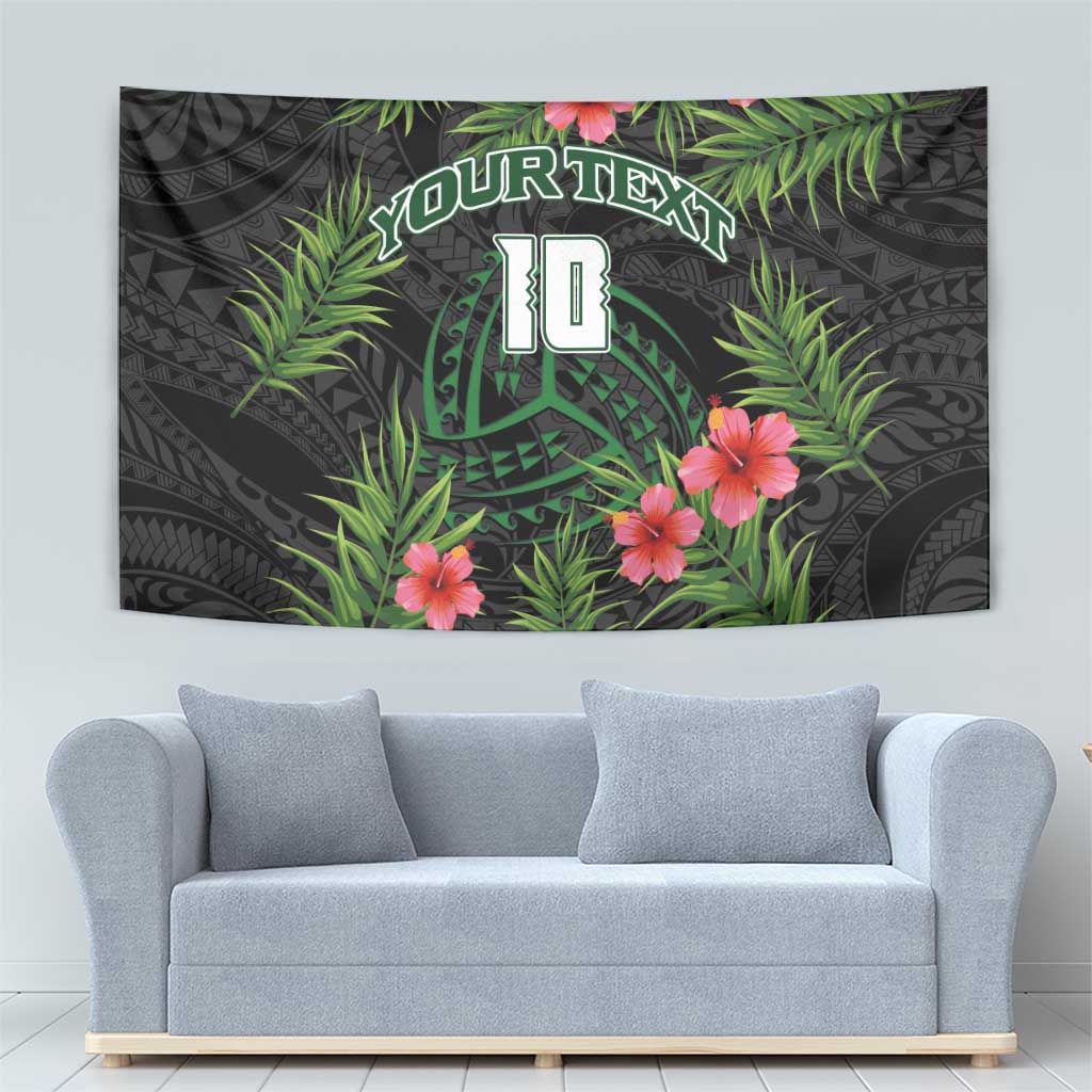 Custom Hawaii Volleyball Tapestry Kakau Abstract and Tropical Plants Black Color - Polynesian Pride