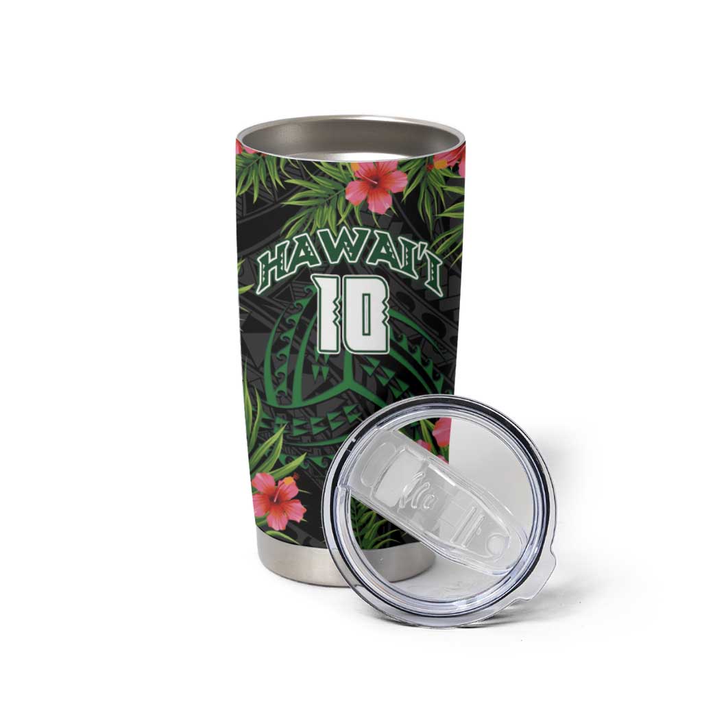 Custom Hawaii Volleyball Tumbler Cup Kakau Abstract and Tropical Plants Black Color - Polynesian Pride