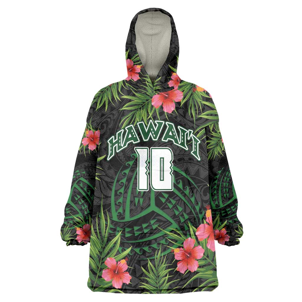 Custom Hawaii Volleyball Wearable Blanket Hoodie Kakau Abstract and Tropical Plants Black Color - Polynesian Pride