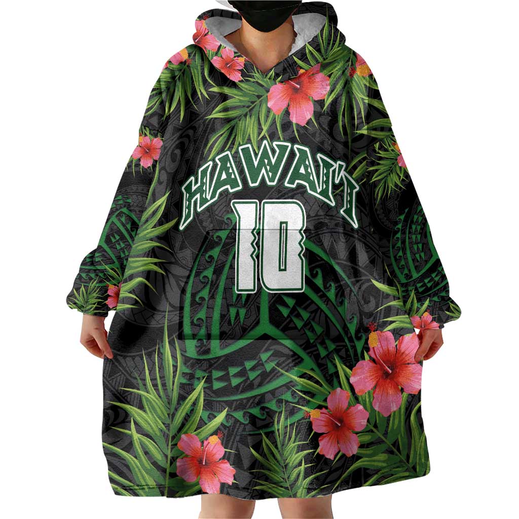 Custom Hawaii Volleyball Wearable Blanket Hoodie Kakau Abstract and Tropical Plants Black Color - Polynesian Pride