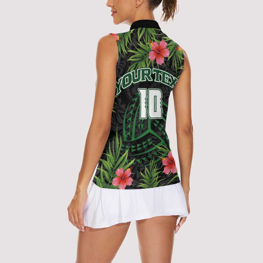 Custom Hawaii Volleyball Women Sleeveless Polo Shirt Kakau Abstract and Tropical Plants Black Color - Polynesian Pride
