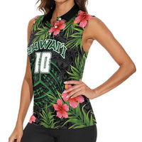 Custom Hawaii Volleyball Women Sleeveless Polo Shirt Kakau Abstract and Tropical Plants Black Color - Polynesian Pride