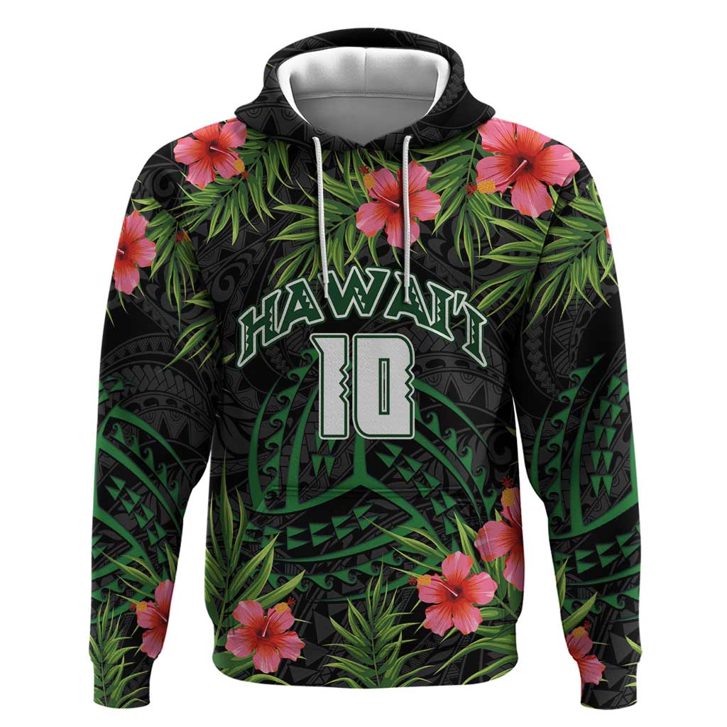 Custom Hawaii Volleyball Zip Hoodie Kakau Abstract and Tropical Plants Black Color - Polynesian Pride