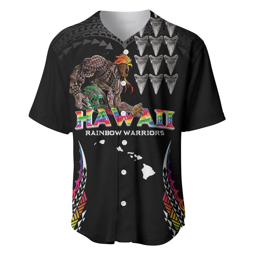 Custom Hawaii Rainbow Warriors Baseball Jersey Kakau Shark Tooth and Polynesian Art Tattoo LT03 Black - Polynesian Pride