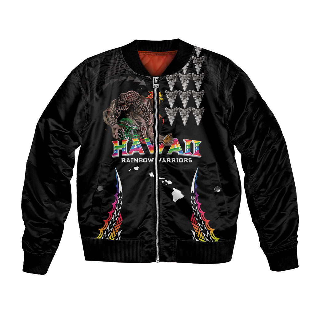 Custom Hawaii Rainbow Warriors Bomber Jacket Kakau Shark Tooth and Polynesian Art Tattoo LT03 Unisex Black - Polynesian Pride