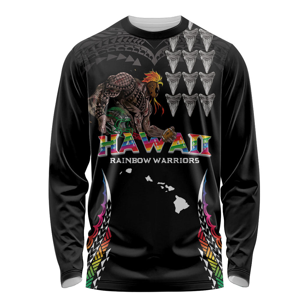 Custom Hawaii Rainbow Warriors Long Sleeve Shirt Kakau Shark Tooth and Polynesian Art Tattoo LT03 Unisex Black - Polynesian Pride