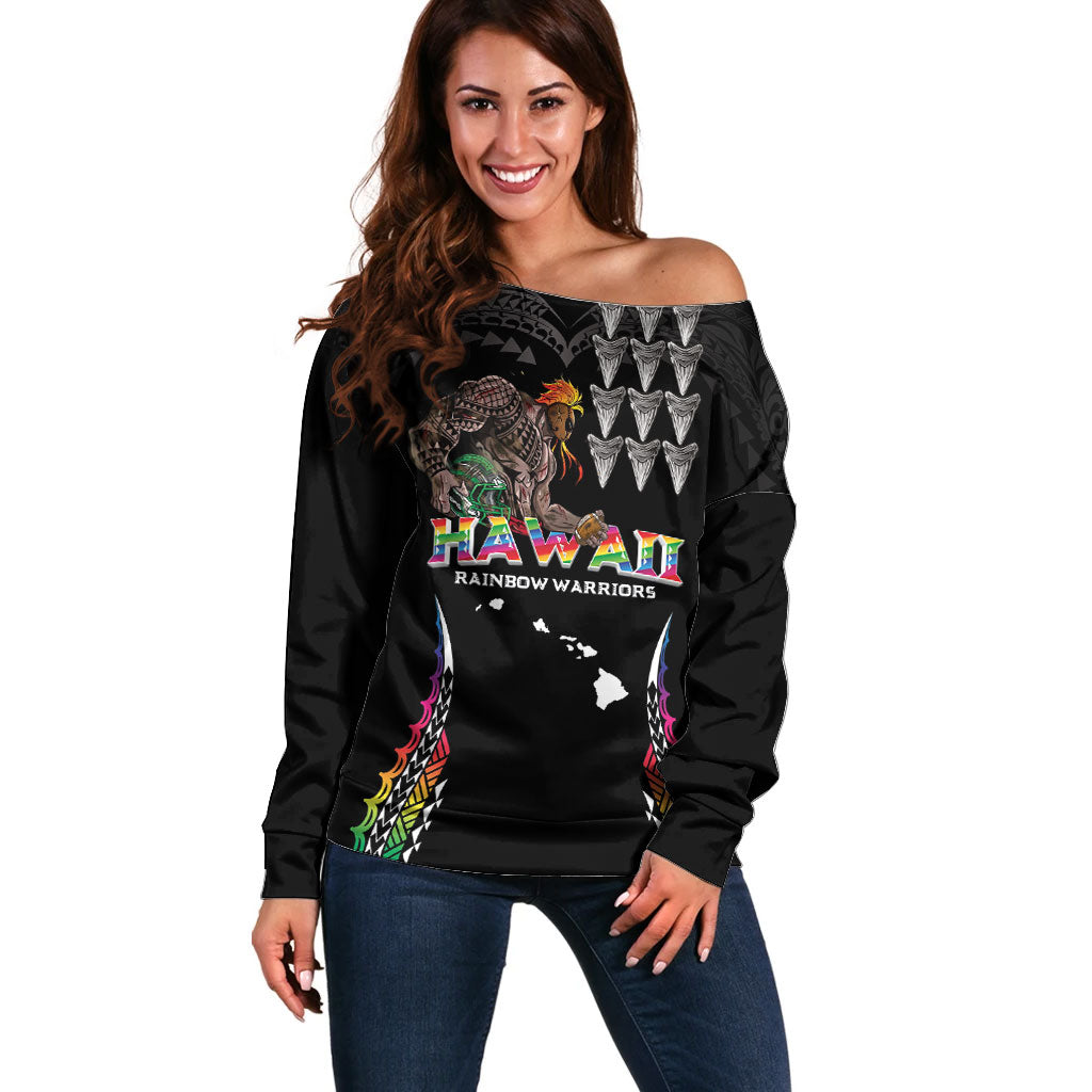 Custom Hawaii Rainbow Warriors Off Shoulder Sweater Kakau Shark Tooth and Polynesian Art Tattoo LT03 Women Black - Polynesian Pride