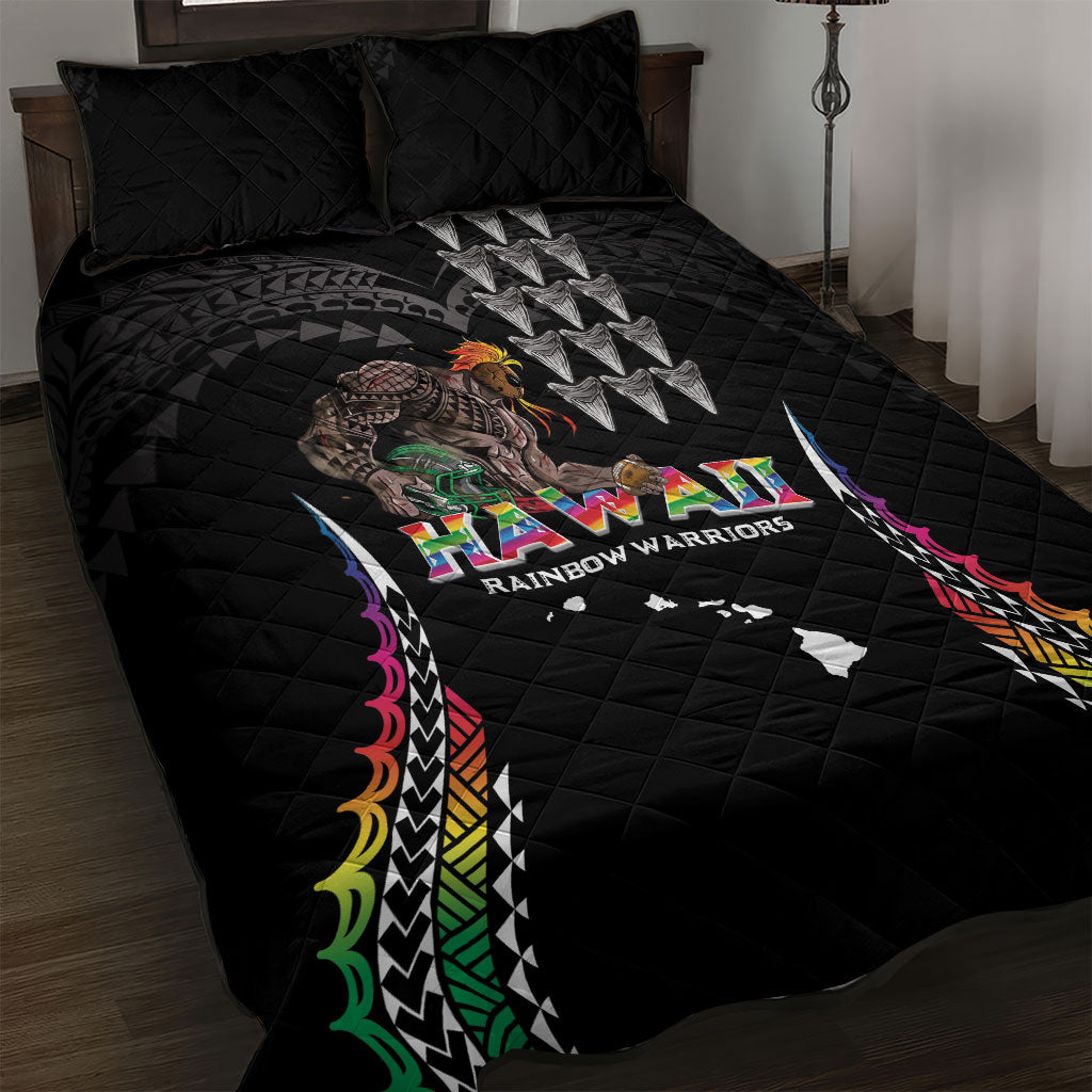 Hawaii Rainbow Warriors Quilt Bed Set Kakau Shark Tooth and Polynesian Art Tattoo