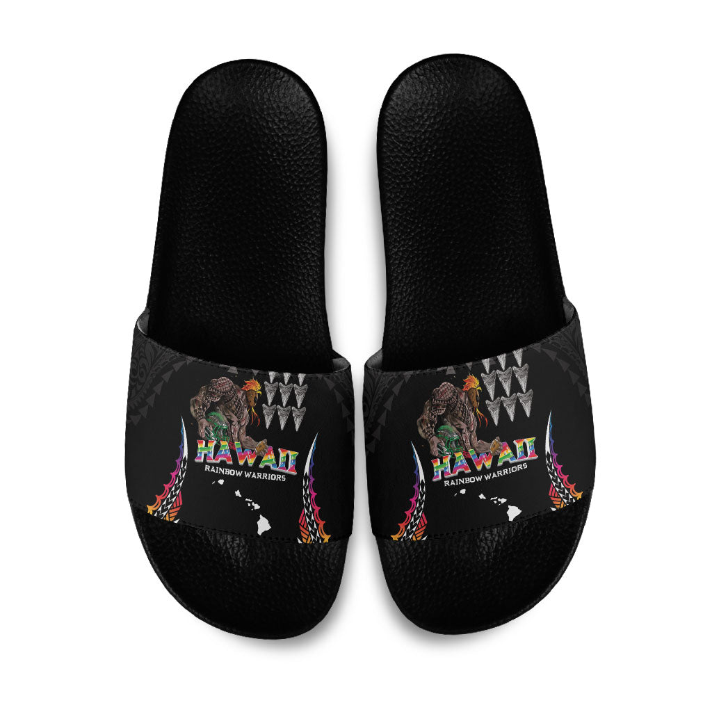 Hawaii Rainbow Warriors Slide Sandals Kakau Shark Tooth and Polynesian Art Tattoo