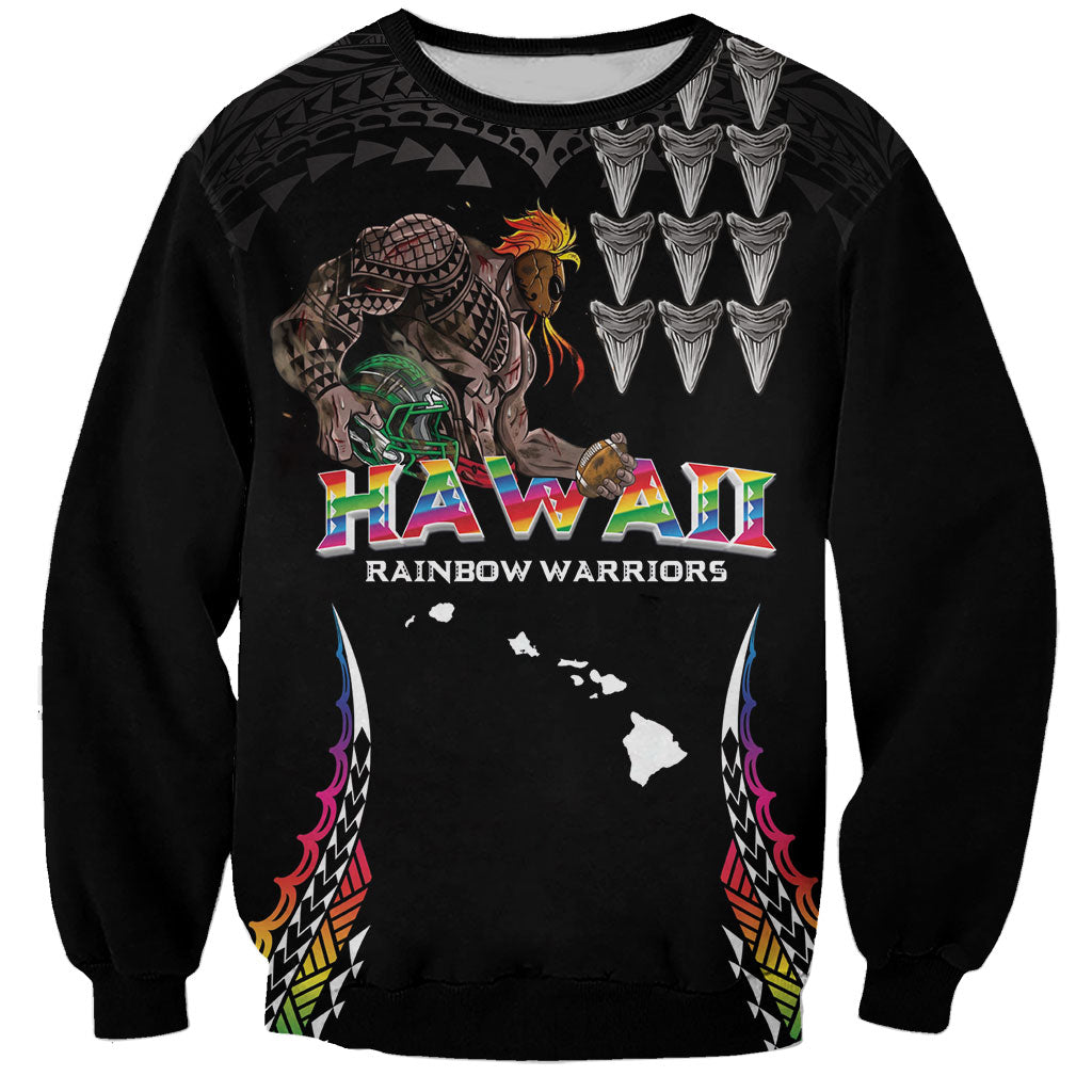 Custom Hawaii Rainbow Warriors Sweatshirt Kakau Shark Tooth and Polynesian Art Tattoo LT03 Unisex Black - Polynesian Pride