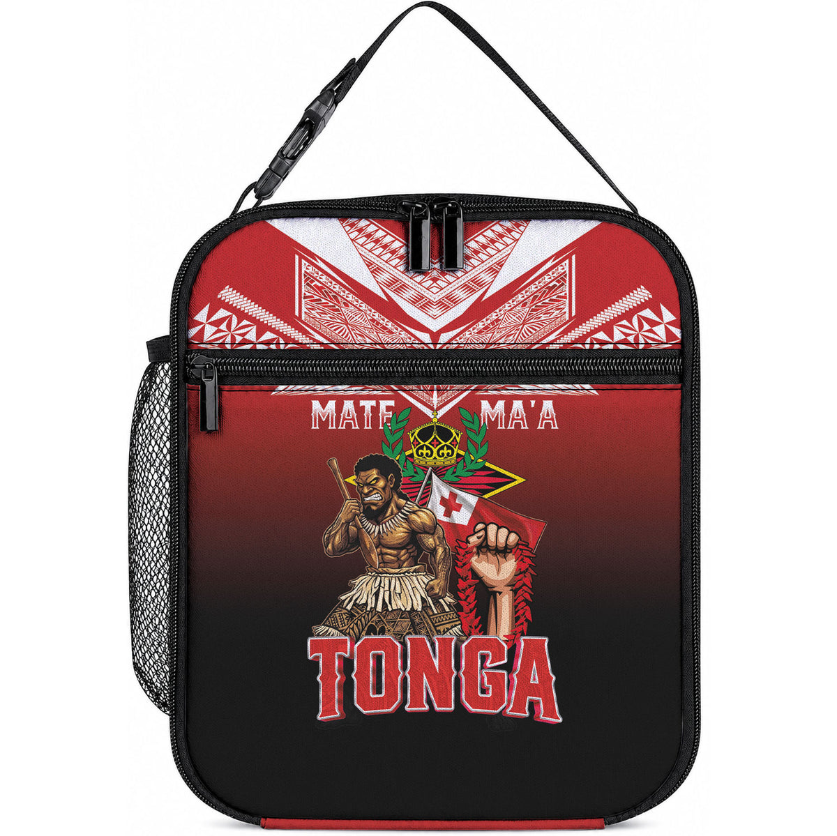 Mate Ma'a Tonga Lunch Bag Traditional Warrior and Ngatu Art Pattern LT03 10.2 × 8.3 × 4.3 inch Red - Polynesian Pride