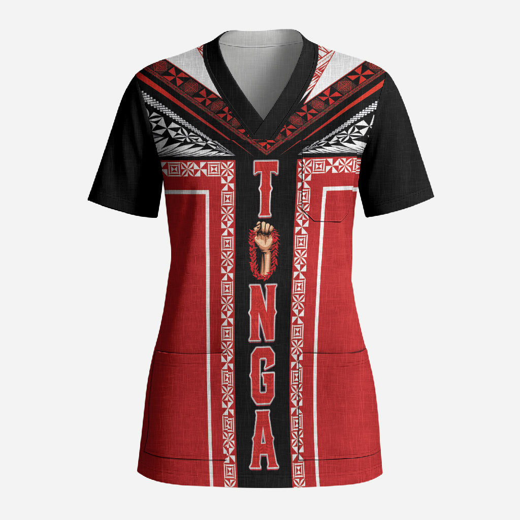 Tonga Scrub Top Tribal Pacific Ngatu Motif LT03 Adult Red - Polynesian Pride