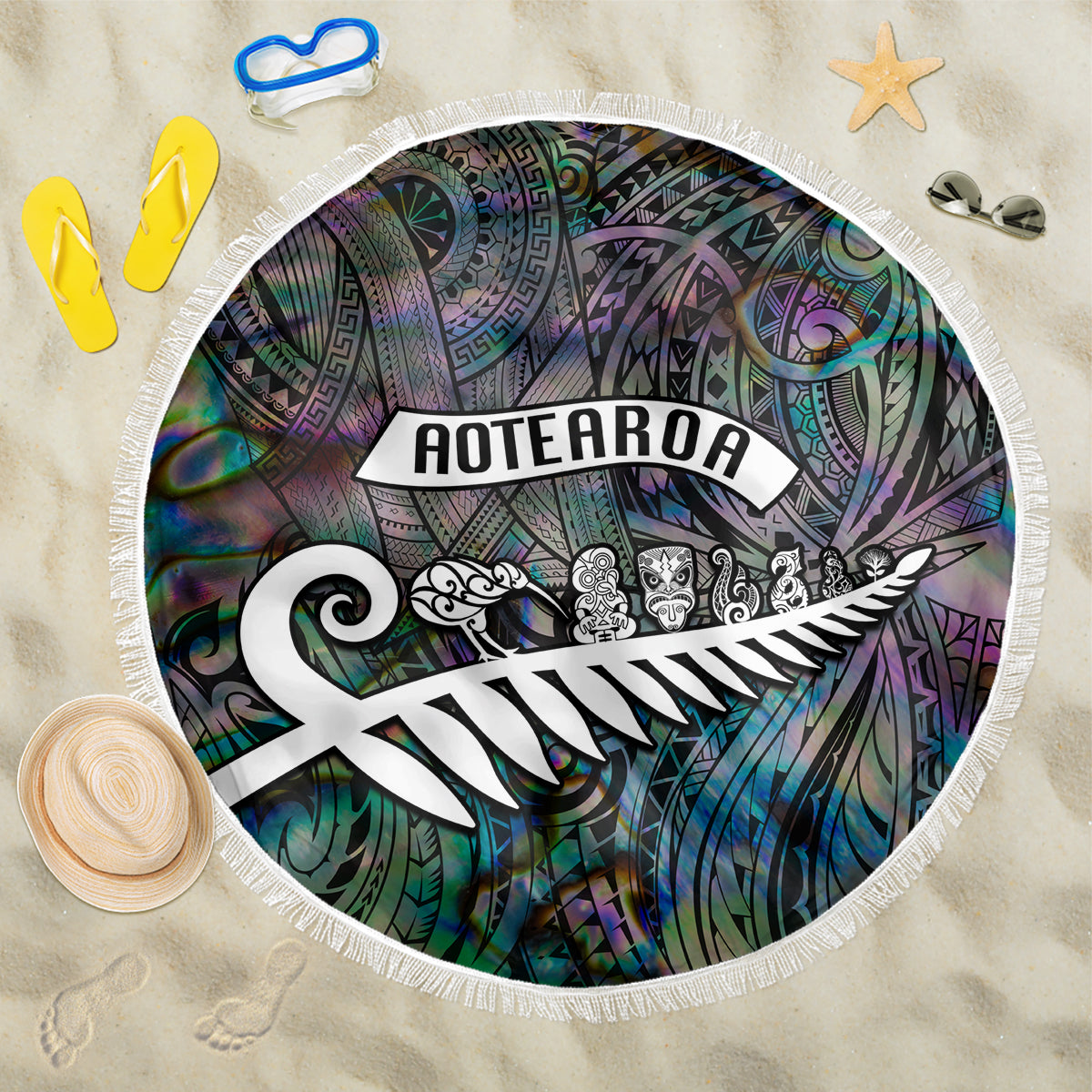 New Zealand Beach Blanket Aotearoa Symbols With Silver Fern LT03 One Size 150cm Black - Polynesian Pride