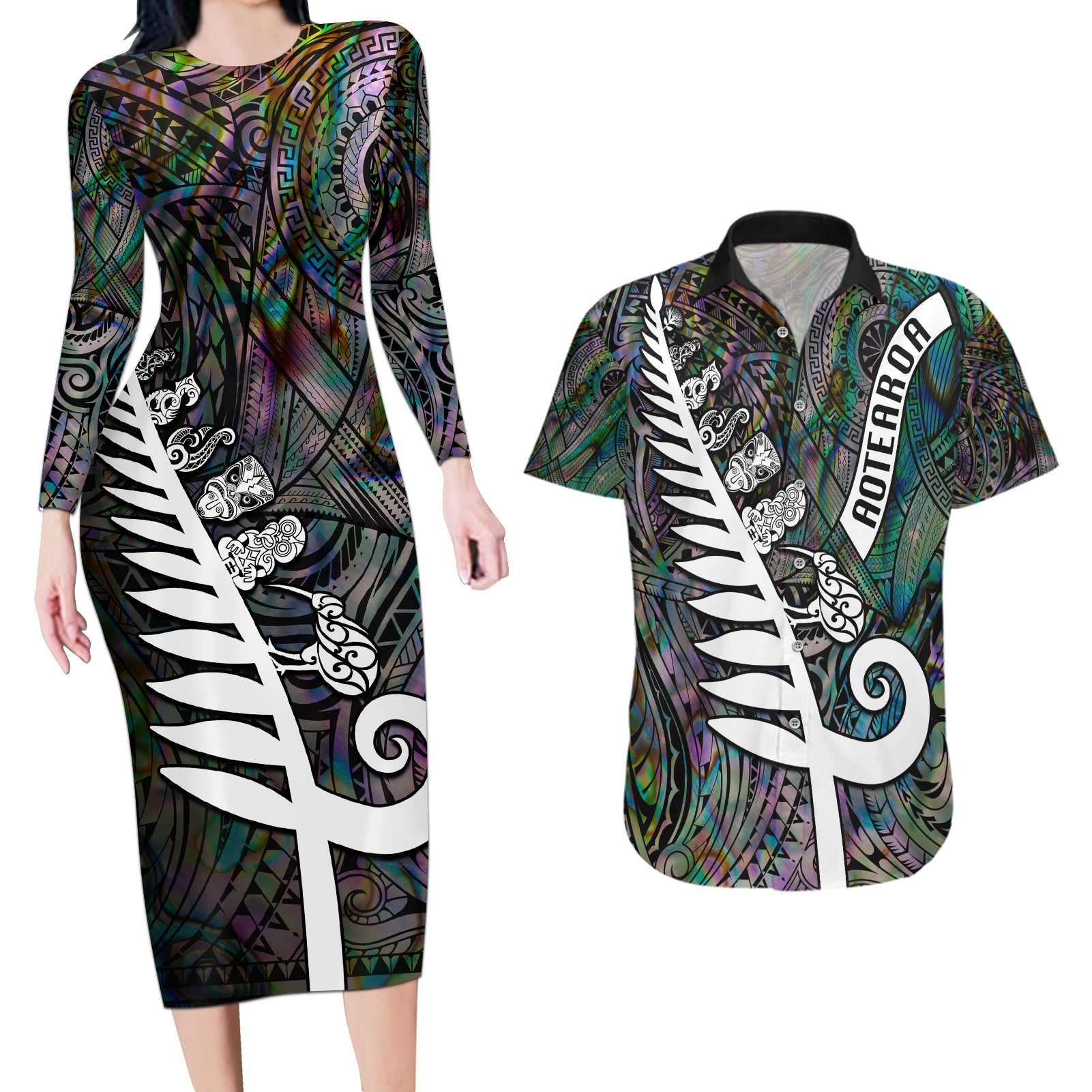 New Zealand Couples Matching Long Sleeve Bodycon Dress and Hawaiian Shirt Aotearoa Symbols With Silver Fern LT03 Black - Polynesian Pride