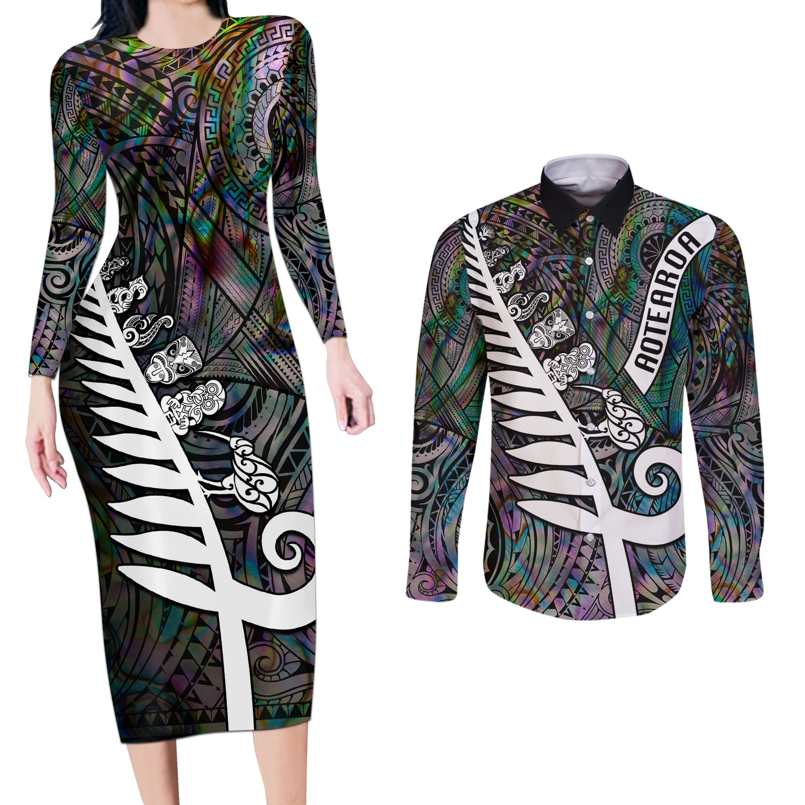 New Zealand Couples Matching Long Sleeve Bodycon Dress and Long Sleeve Button Shirt Aotearoa Symbols With Silver Fern LT03 Black - Polynesian Pride