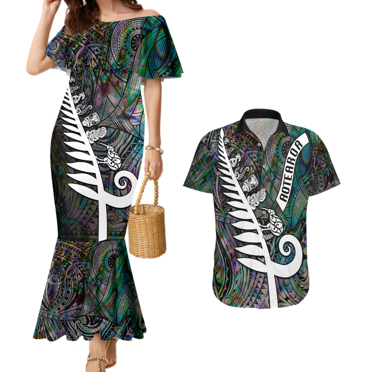 New Zealand Couples Matching Mermaid Dress and Hawaiian Shirt Aotearoa Symbols With Silver Fern LT03 Black - Polynesian Pride