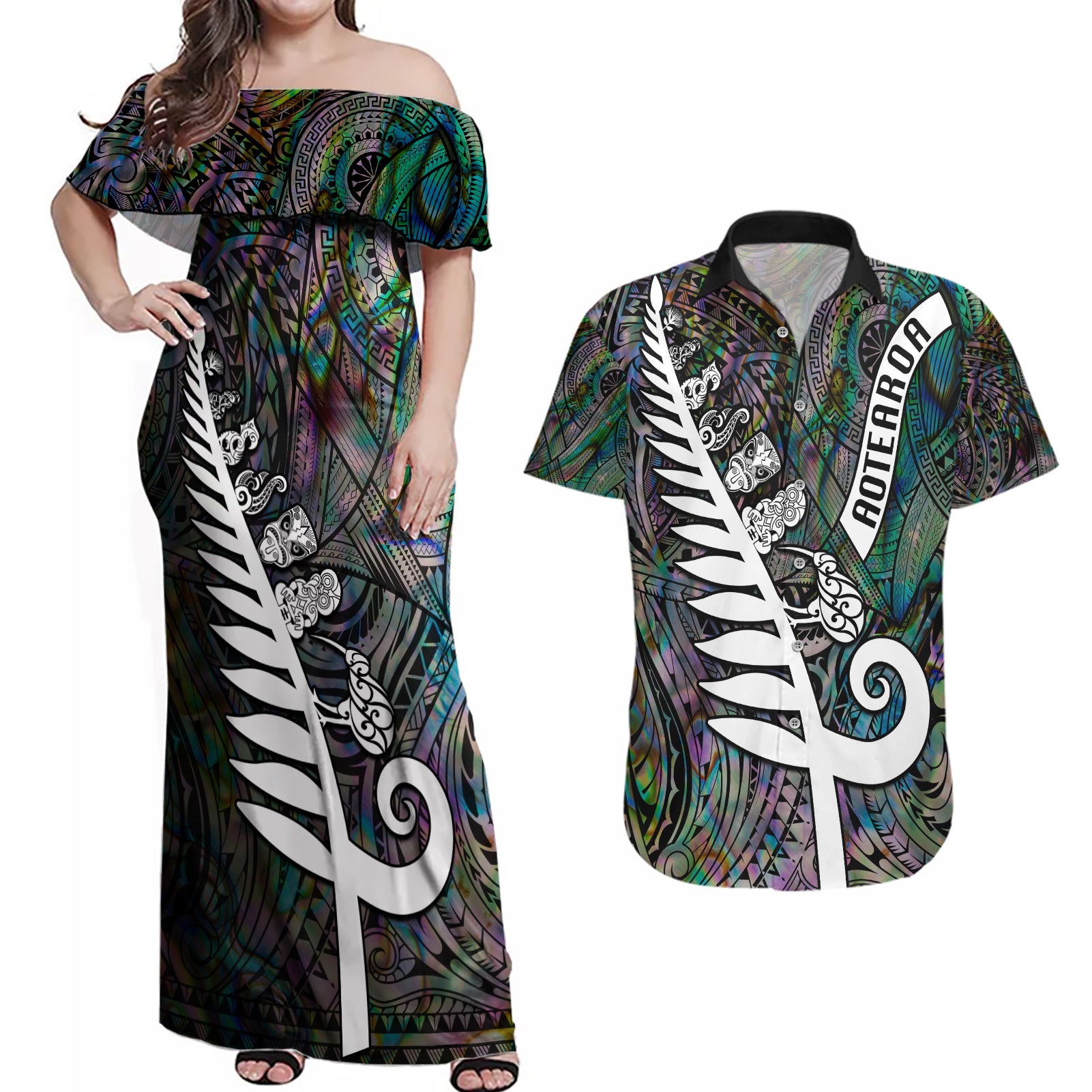 New Zealand Couples Matching Off Shoulder Maxi Dress and Hawaiian Shirt Aotearoa Symbols With Silver Fern LT03 Black - Polynesian Pride