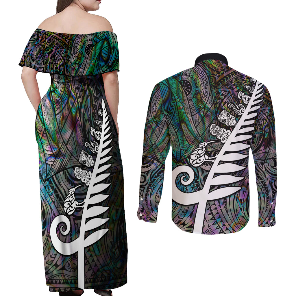 New Zealand Couples Matching Off Shoulder Maxi Dress and Long Sleeve Button Shirt Aotearoa Symbols With Silver Fern LT03 - Polynesian Pride