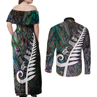 New Zealand Couples Matching Off Shoulder Maxi Dress and Long Sleeve Button Shirt Aotearoa Symbols With Silver Fern LT03 - Polynesian Pride