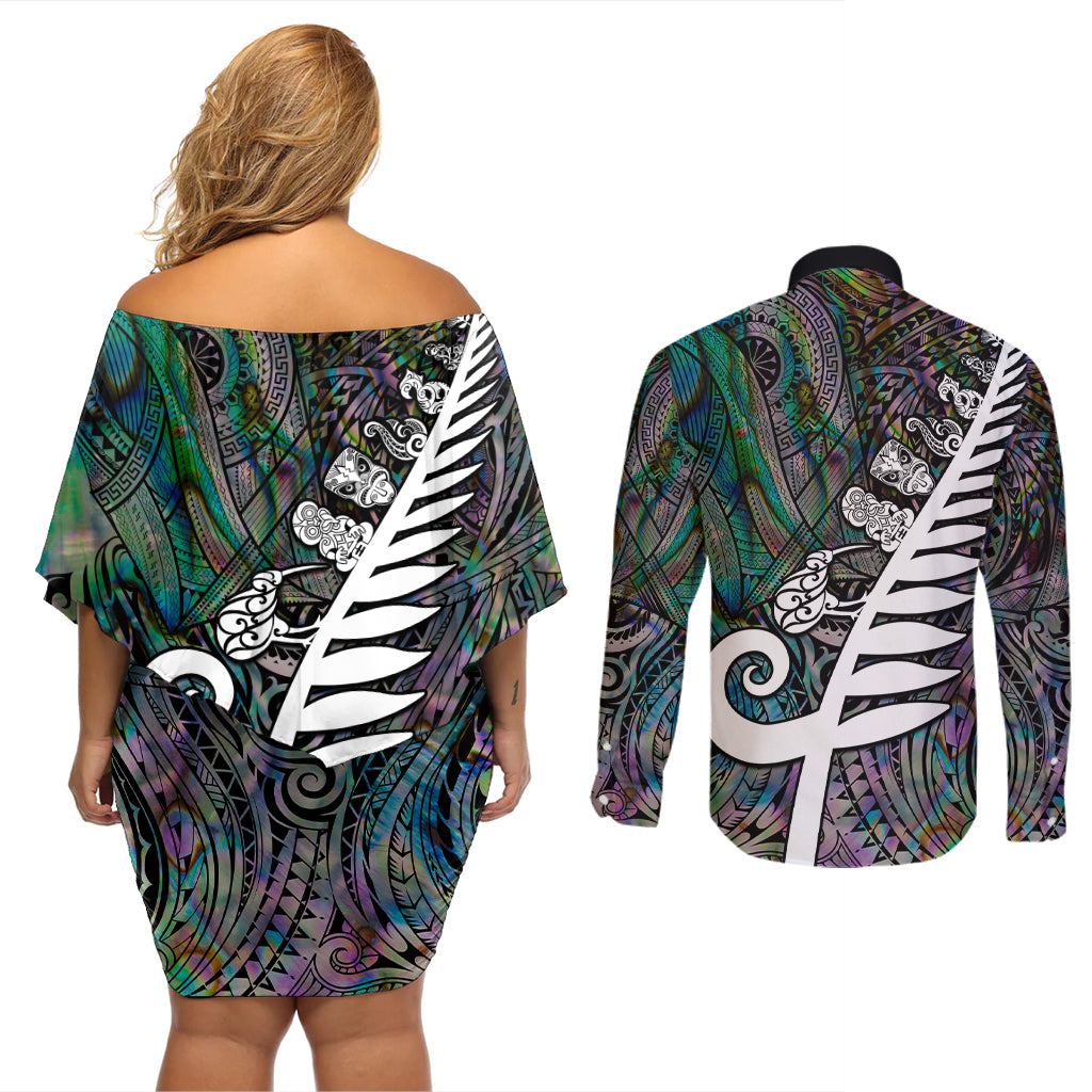 New Zealand Couples Matching Off Shoulder Short Dress and Long Sleeve Button Shirt Aotearoa Symbols With Silver Fern LT03 - Polynesian Pride