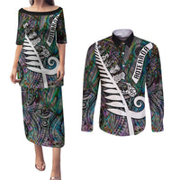 New Zealand Couples Matching Puletasi Dress and Long Sleeve Button Shirt Aotearoa Symbols With Silver Fern LT03 Black - Polynesian Pride