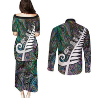 New Zealand Couples Matching Puletasi Dress and Long Sleeve Button Shirt Aotearoa Symbols With Silver Fern LT03 - Polynesian Pride
