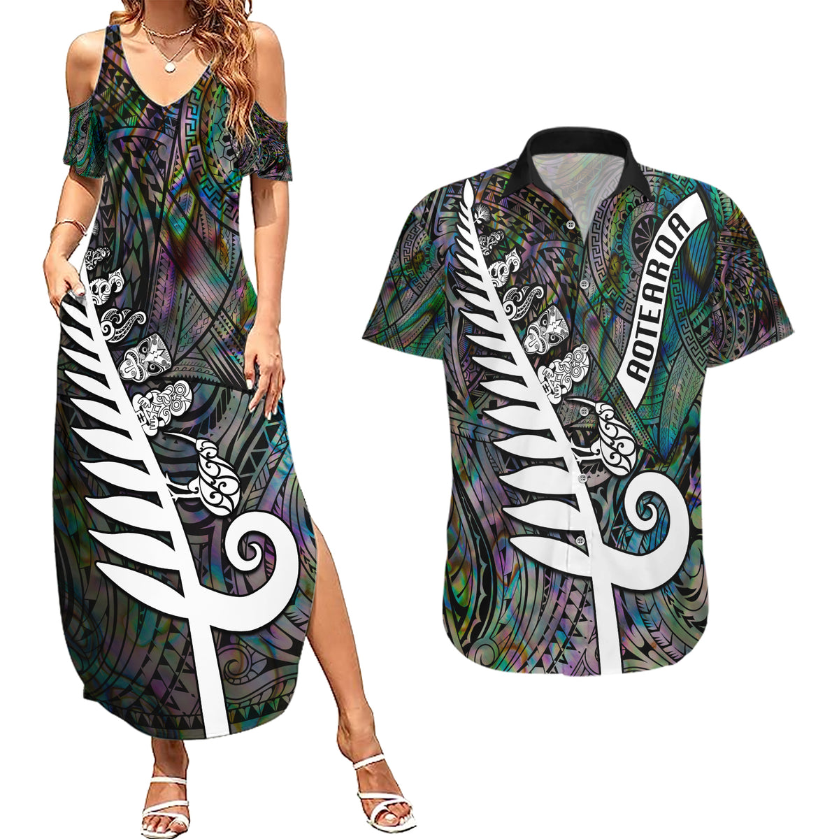 New Zealand Couples Matching Summer Maxi Dress and Hawaiian Shirt Aotearoa Symbols With Silver Fern LT03 Black - Polynesian Pride