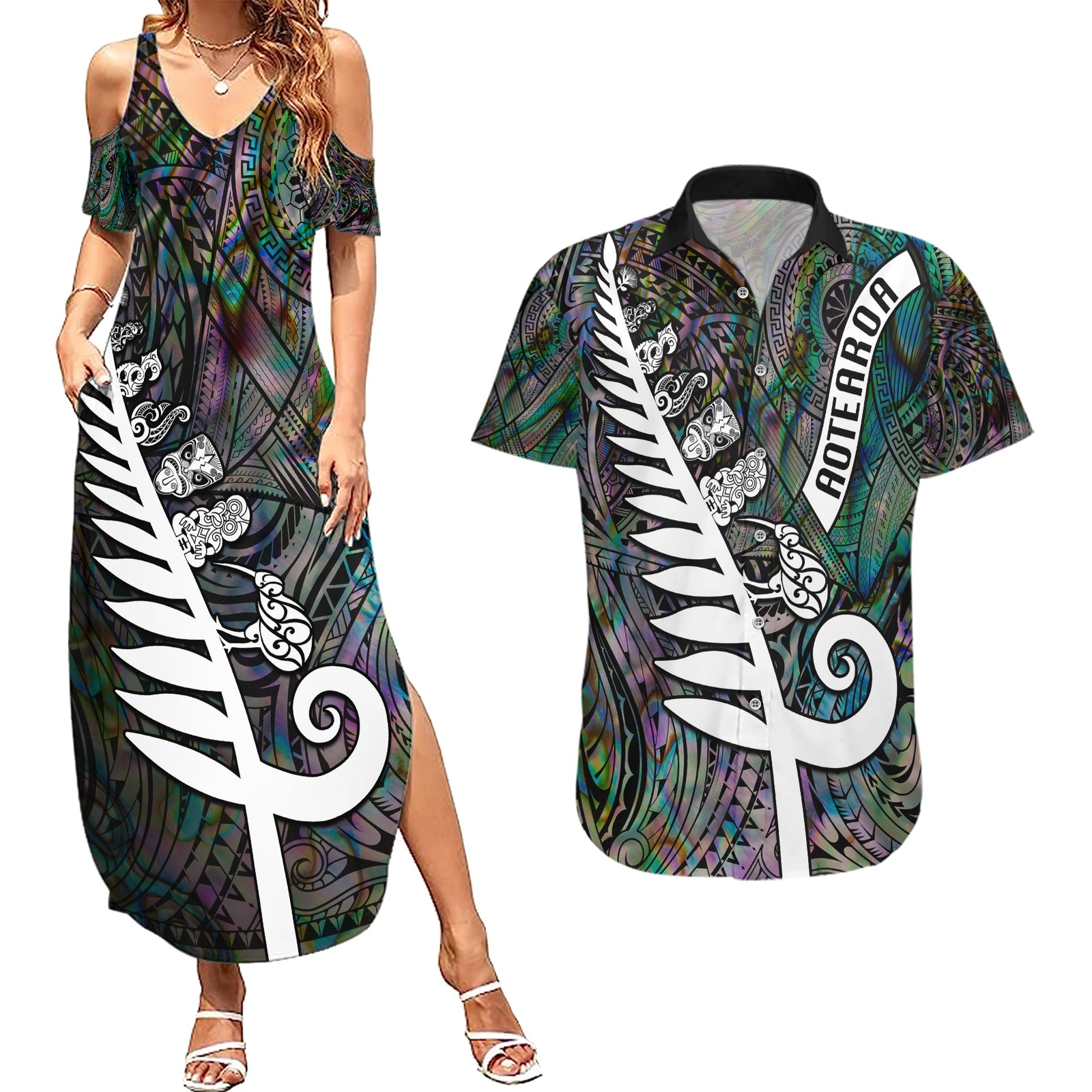 New Zealand Couples Matching Summer Maxi Dress and Hawaiian Shirt Aotearoa Symbols With Silver Fern LT03 Black - Polynesian Pride