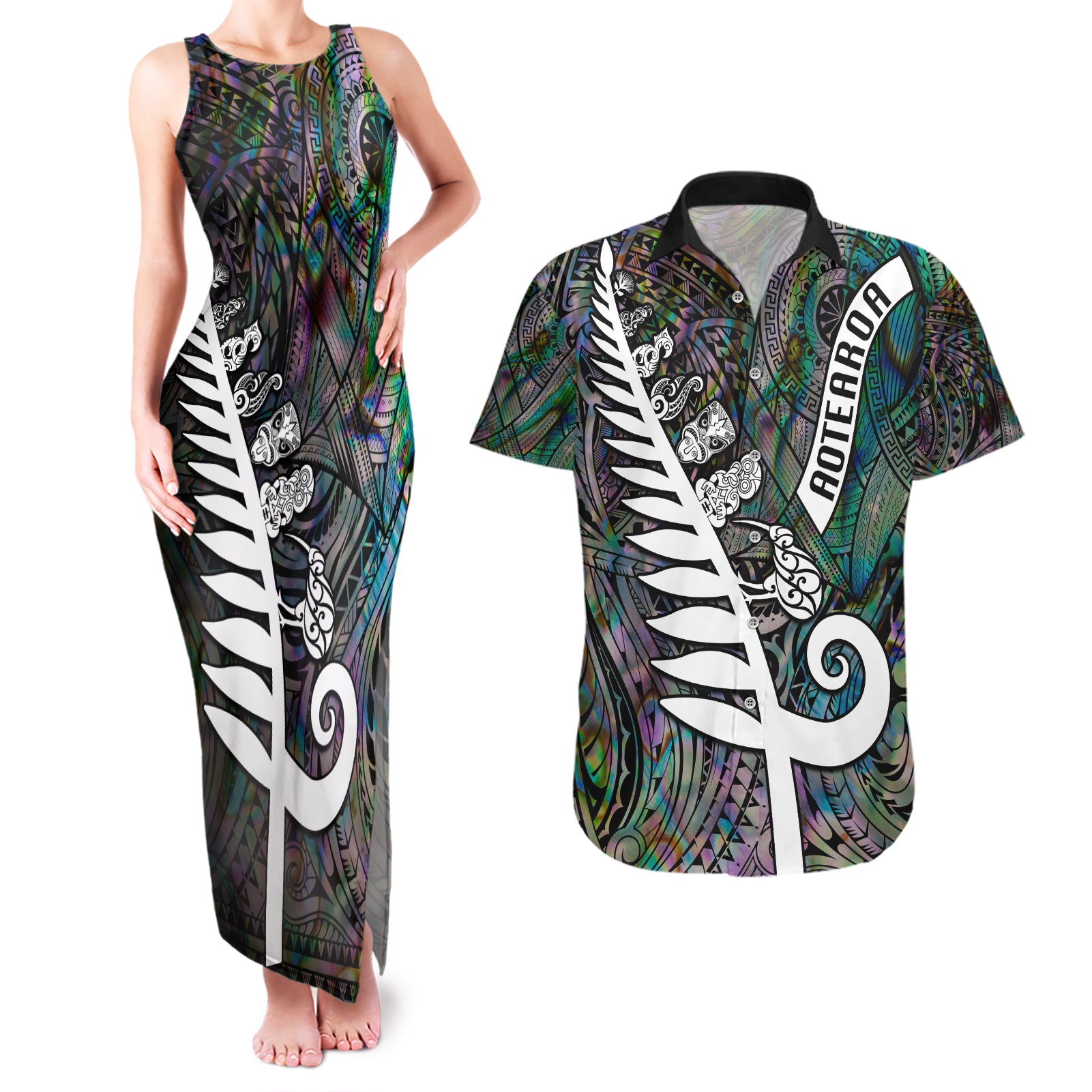 New Zealand Couples Matching Tank Maxi Dress and Hawaiian Shirt Aotearoa Symbols With Silver Fern LT03 Black - Polynesian Pride