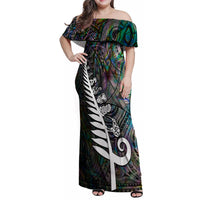 New Zealand Family Matching Off Shoulder Maxi Dress and Hawaiian Shirt Aotearoa Symbols With Silver Fern LT03 Mom's Dress Black - Polynesian Pride