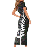 New Zealand Family Matching Short Sleeve Bodycon Dress and Hawaiian Shirt Aotearoa Symbols With Silver Fern LT03 - Polynesian Pride