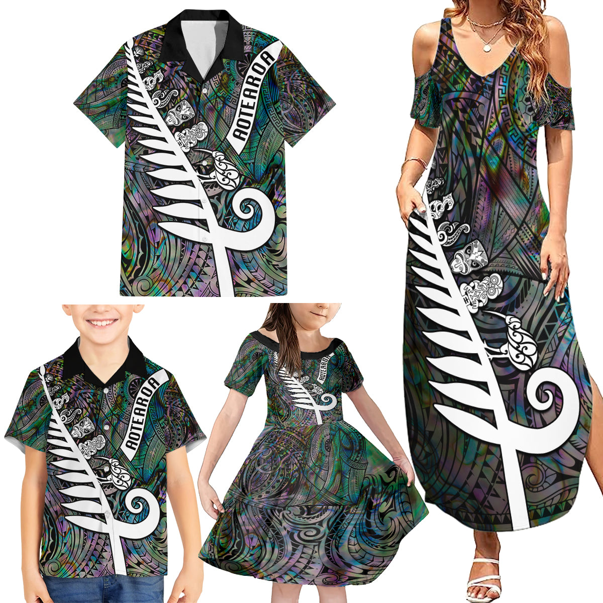 New Zealand Family Matching Summer Maxi Dress and Hawaiian Shirt Aotearoa Symbols With Silver Fern LT03 - Polynesian Pride