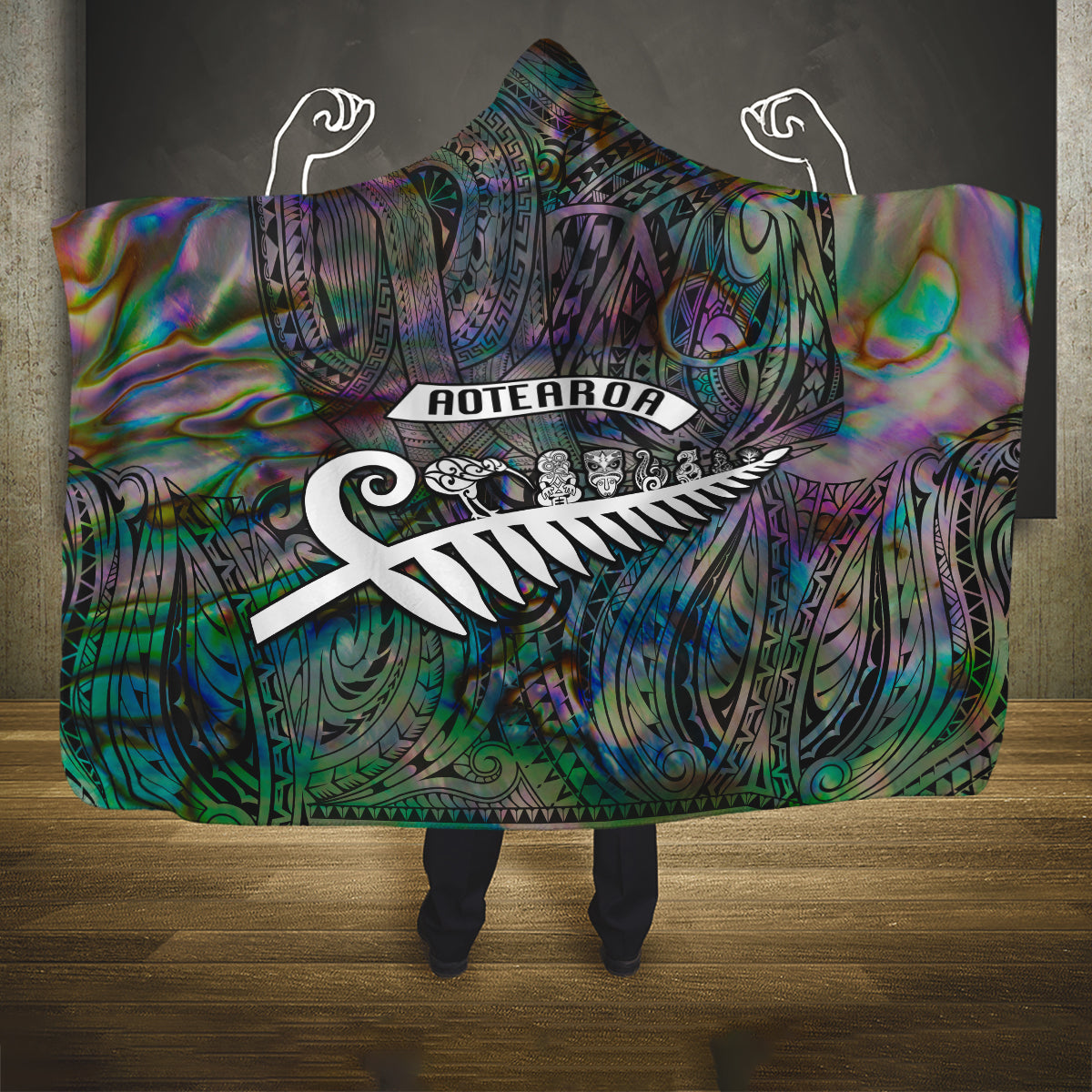 New Zealand Hooded Blanket Aotearoa Symbols With Silver Fern LT03 One Size Black - Polynesian Pride