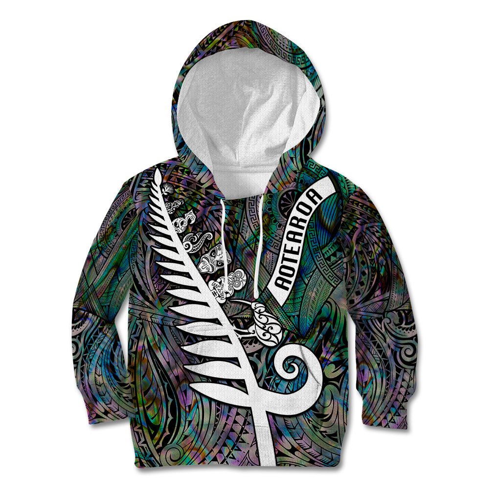 New Zealand Kid Hoodie Aotearoa Symbols With Silver Fern LT03 Hoodie Black - Polynesian Pride