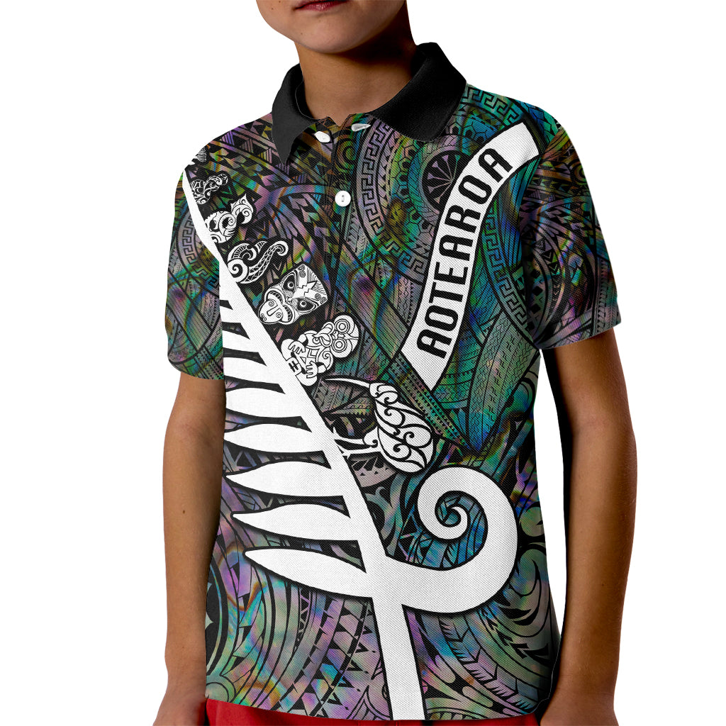 New Zealand Kid Polo Shirt Aotearoa Symbols With Silver Fern LT03 Kid Black - Polynesian Pride