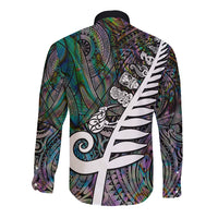 New Zealand Long Sleeve Button Shirt Aotearoa Symbols With Silver Fern LT03 - Polynesian Pride