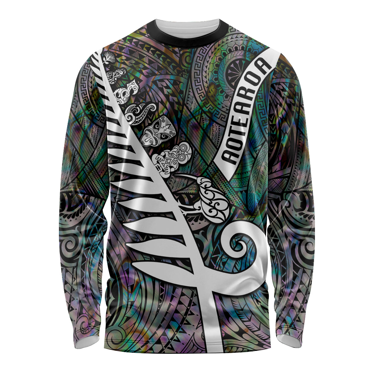 New Zealand Long Sleeve Shirt Aotearoa Symbols With Silver Fern LT03 Unisex Black - Polynesian Pride