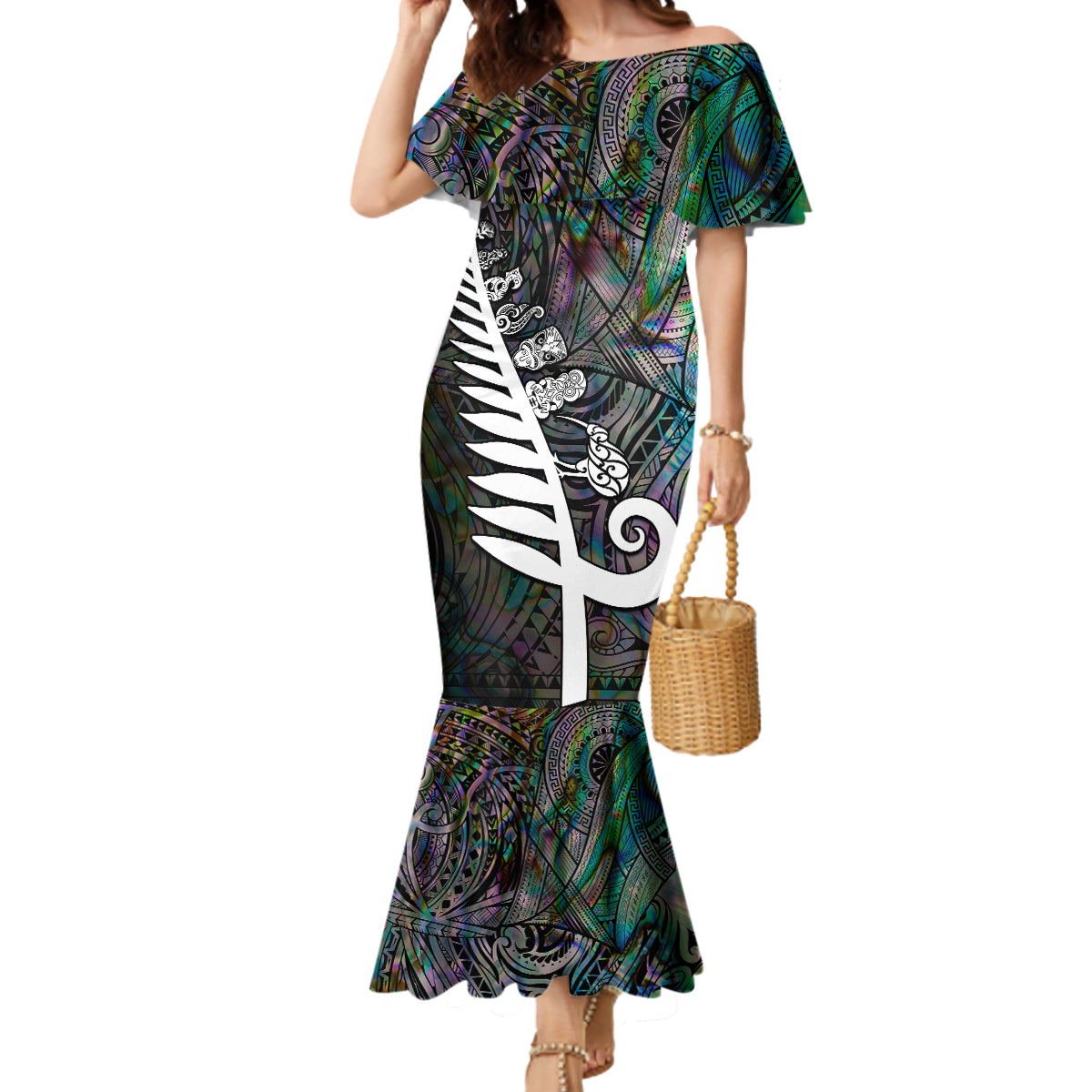 New Zealand Mermaid Dress Aotearoa Symbols With Silver Fern LT03 Women Black - Polynesian Pride