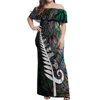 New Zealand Off Shoulder Maxi Dress Aotearoa Symbols With Silver Fern LT03 Women Black - Polynesian Pride