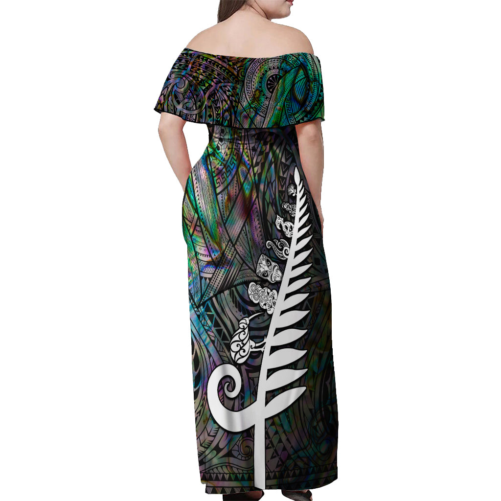 New Zealand Off Shoulder Maxi Dress Aotearoa Symbols With Silver Fern LT03 - Polynesian Pride