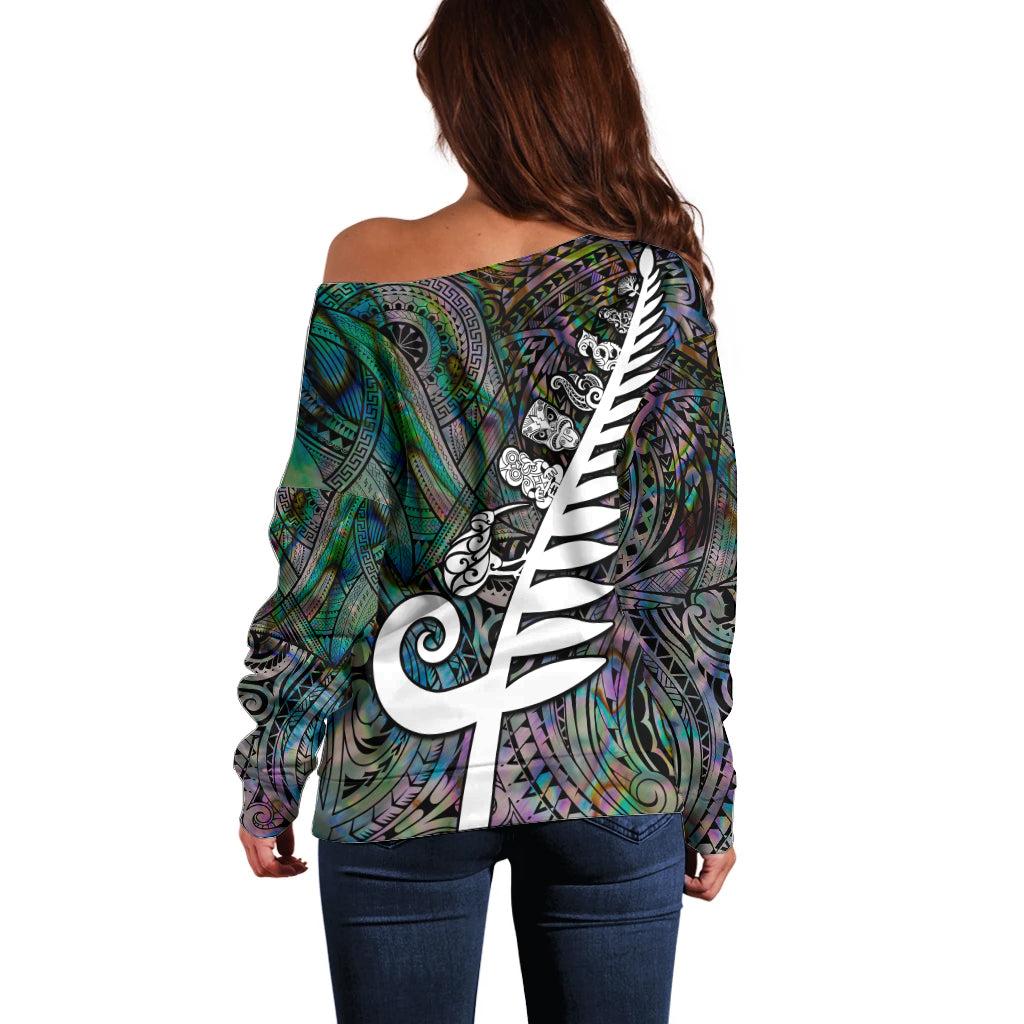 New Zealand Off Shoulder Sweater Aotearoa Symbols With Silver Fern LT03 - Polynesian Pride