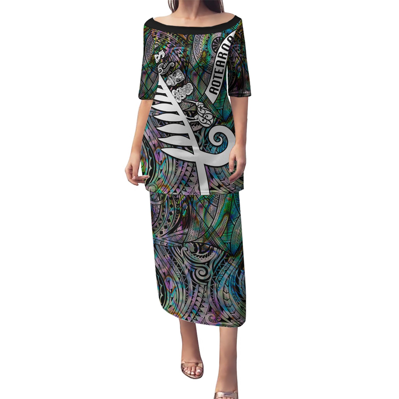 New Zealand Puletasi Aotearoa Symbols With Silver Fern LT03 Long Dress Black - Polynesian Pride