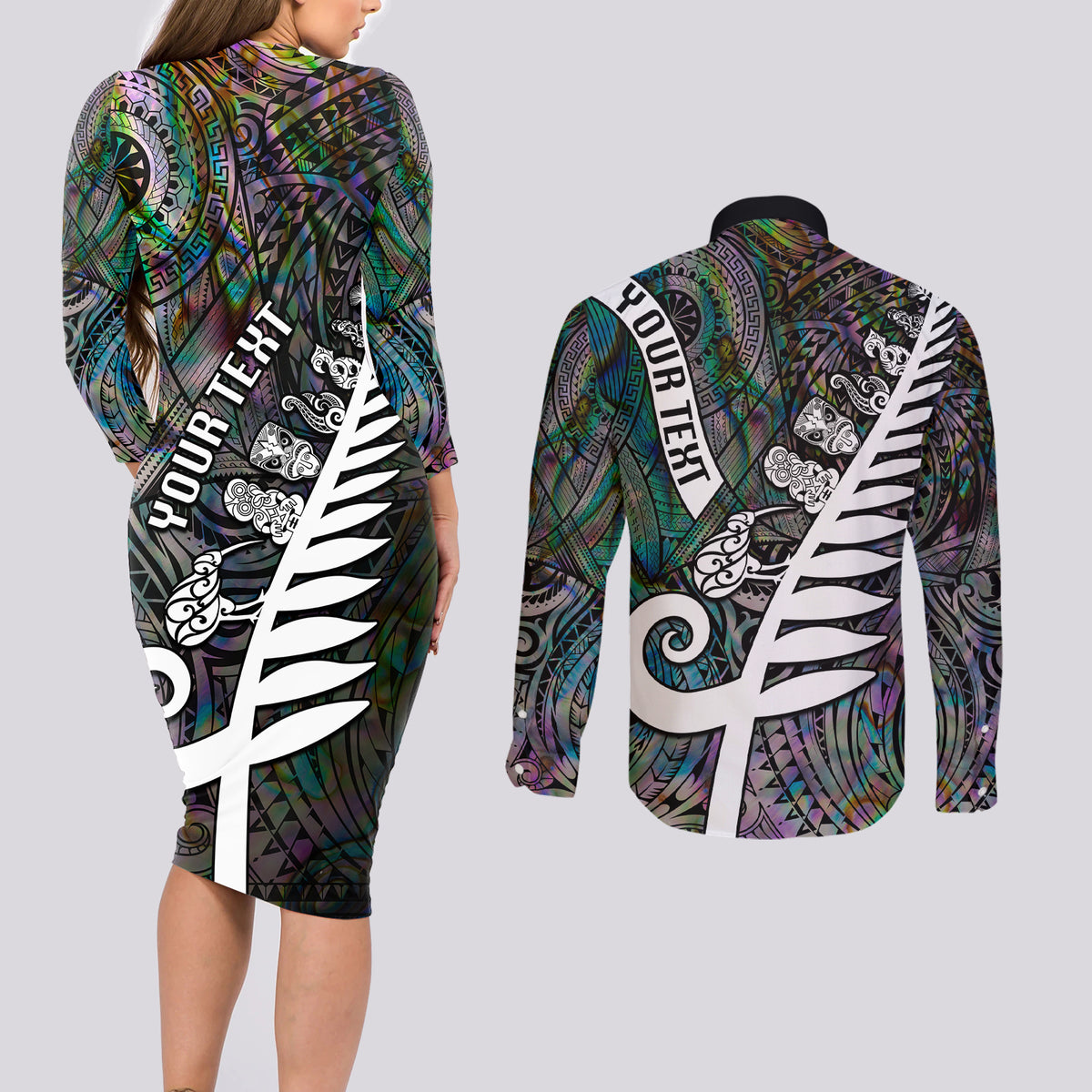 Personalized New Zealand Couples Matching Long Sleeve Bodycon Dress and Long Sleeve Button Shirt Aotearoa Symbols With Silver Fern LT03 - Polynesian Pride