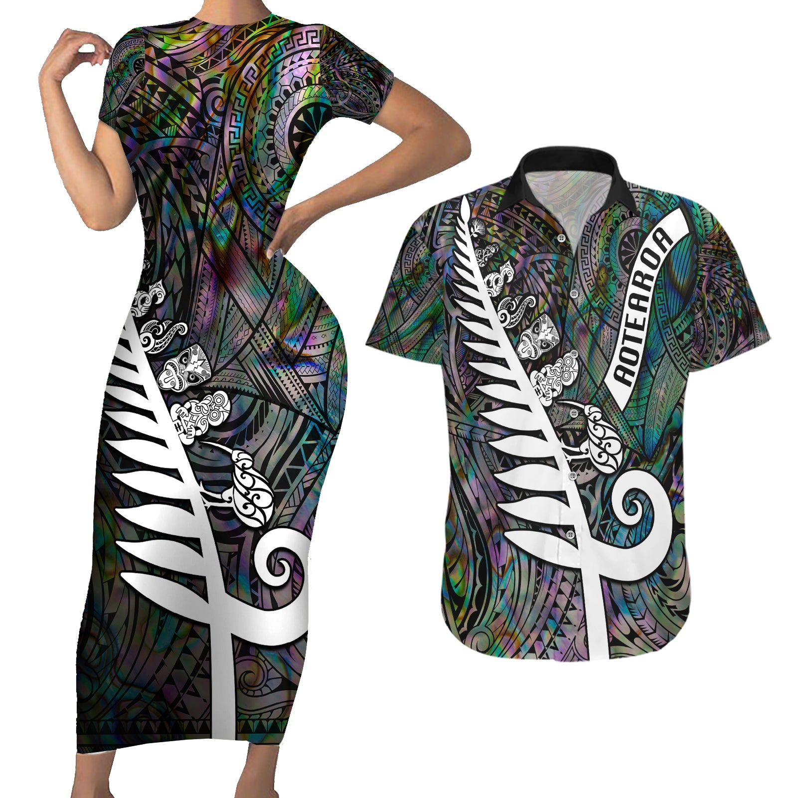 Personalized New Zealand Couples Matching Short Sleeve Bodycon Dress and Hawaiian Shirt Aotearoa Symbols With Silver Fern LT03 Black - Polynesian Pride