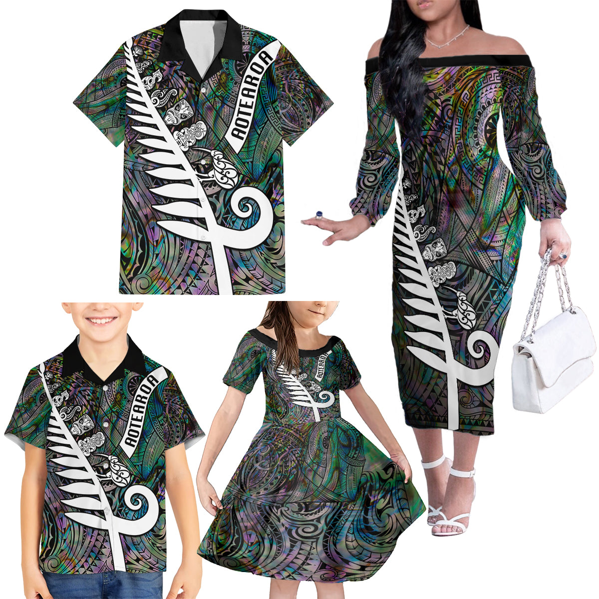 Personalized New Zealand Family Matching Off Shoulder Long Sleeve Dress and Hawaiian Shirt Aotearoa Symbols With Silver Fern LT03 - Polynesian Pride